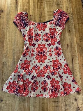 BTB LOS ANGELES 100% cotton Floral Fit-and-Flare A line Dress Red beige NWT